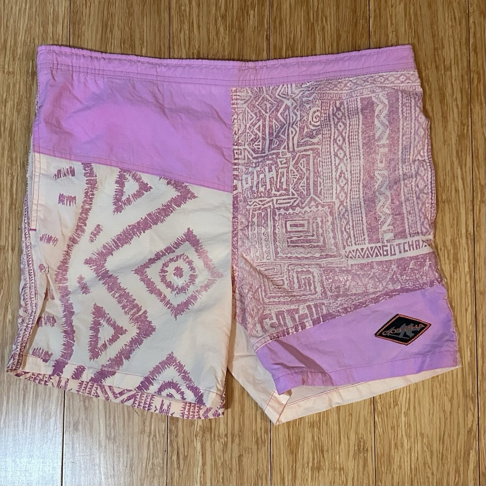 Vintage 90's Gotcha Faded Geometric Drawstring Pink Surf Swim Shorts Men's 30